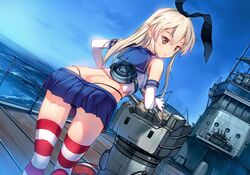  :&lt; absurdres ass bad_id bad_twitter_id bent_over blonde_hair bow elbow_gloves female gloves hairbow highres hino_katsuhiko historical_name_connection kantai_collection long_hair military military_vehicle miniskirt name_connection object_namesake rensouhou-chan school_uniform serafuku shimakaze_(destroyer) shimakaze_(kancolle) ship skirt striped_clothes striped_thighhighs thighhighs vehicle_and_personification warship watercraft 