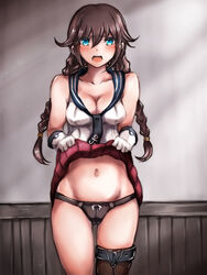  :o asymmetrical_legwear blue-burn blue_eyes braid breasts brown_hair cleavage clothes_lift commentary_request embarrassed female gloves groin kantai_collection long_hair medium_breasts midriff navel necktie noshiro_(kancolle) open_mouth panties pleated_skirt pov school_uniform skirt skirt_lift solo swept_bangs tears twin_braids underwear uneven_legwear v-shaped_eyebrows wall white_gloves 