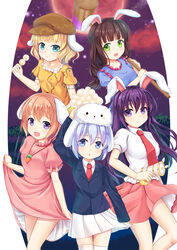  5girls :d :t animal animal_ears animal_on_head blonde_hair blue_eyes blue_hair brown_hair carrot_necklace cloud commentary_request cosplay dango dress flat_cap floppy_ears food full_moon gochuumon_wa_usagi_desu_ka? green_eyes hat hoto_cocoa inaba_tewi inaba_tewi_(cosplay) jacket jewelry kafuu_chino kine kirima_syaro long_hair long_sleeves looking_at_viewer lunatic_gun mallet mochi moon multiple_girls necklace necktie night night_sky niiya on_head open_mouth orange_shirt photoshop_(medium) pink_dress plate puffy_short_sleeves puffy_sleeves purple_eyes purple_hair rabbit_ears red_hair red_moon reisen_(touhou_bougetsushou) reisen_(touhou_bougetsushou)_(cosplay) reisen_udongein_inaba reisen_udongein_inaba_(cosplay) ringo_(touhou) ringo_(touhou)_(cosplay) seiran_(touhou) seiran_(touhou)_(cosplay) shirt short_hair short_sleeves skewer skirt skirt_hold sky smile star_(sky) starry_sky suit_jacket tedeza_rize thighhighs tippy_(gochiusa) touhou triangle_mouth ujimatsu_chiya wagashi white_legwear 