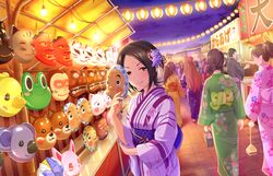  3girls artist_request black_hair brown_eyes cat_mask egami_tsubaki faceless faceless_female fox_mask hair_ornament hamakawa_ayuna idolmaster idolmaster_cinderella_girls idolmaster_cinderella_girls_starlight_stage japanese_clothes kimono lantern mask multiple_girls noh_mask official_art oni_mask paper_lantern short_hair smile solo_focus summer_festival togo_ai 