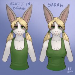  1:1 anthro big_ears blonde_hair breasts clothed clothing crossdressing dress duo eyeliner eyeshadow female fully_clothed fur green_eyes grey_body grey_fur hair hi_res lagomorph leporid lipstick makeup male mammal mosa rabbit s._sawyer twintails white_body white_fur wig 