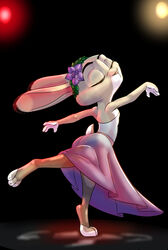  2017 akiric anthro ass balancing ballerina ballet ballet_dress black_background closed_eyes clothed clothing dancewear dancing dipstick_ears disney dress ear_markings female flower judy_hopps lagomorph legwear leporid mammal midriff multicolored_ears on_one_leg one_leg_up pantyhose plant rabbit raised_leg simple_background solo standing wreath zootopia 