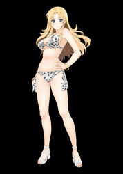  absurdres bare_shoulders bikini black_background blonde_hair blue_eyes blush bracelet breasts cross cross_necklace earrings feet female hand_on_hip highres jewelry large_breasts legs long_hair looking_at_viewer navel nightmare_express sandals simple_background solo standing swimsuit thighs toes 