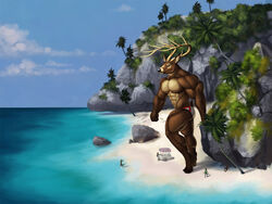  4:3 abs anthro antlers beach biceps big_muscles clothed clothing deer detailed_background group horn macro male mammal muscular muscular_anthro muscular_male outside pecs sand seaside solo_focus speedo sugarboy swimwear topless vein 