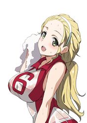  blonde_hair breasts commentary_request female girls_und_panzer green_eyes hair_pulled_back hairband impossible_clothes impossible_shirt inue_shinsuke large_breasts long_hair looking_at_viewer open_mouth ponytail sasaki_akebi shirt simple_background smile solo sportswear sweat towel volleyball_uniform wet wet_clothes white_background 