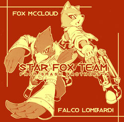  2boys back-to-back beak character_name commentary_request falco_lombardi fingerless_gloves flat_color fox_mccloud furry furry_male gloves gun handgun harusuke headset monochrome multiple_boys photoshop_(medium) red_theme snout star_fox tsurime weapon 