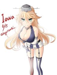  absurdres asymmetrical_legwear bent_over blonde_hair blue_eyes breasts character_name cleavage commentary_request dated elbow_gloves female foreshortening garter_straps gloves highres iowa_(kancolle) kagutsuchi_(victoragna) kantai_collection large_breasts long_hair miniskirt mismatched_legwear perspective skirt smile solo star-shaped_pupils star_(symbol) striped_clothes striped_skirt striped_thighhighs symbol-shaped_pupils thighhighs twitter_username vertical-striped_clothes vertical-striped_thighhighs 