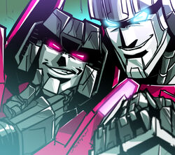  1980s_(style) 2boys autobot blue_eyes commentary_request decepticon glowing glowing_eyes ichira-san jetfire machine machinery mecha multiple_boys no_humans red_eyes retro_artstyle robot smile starscream the_transformers_(idw) transformers 