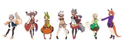  6+girls animal_ears animal_print bare_shoulders bike_shorts black_gloves black_hair black_legwear blonde_hair blue_eyes breasts brown_hair cleavage cleavage_cutout clothing_cutout collarbone commentary_request dark-skinned_female dark_skin dyed_bangs elbow_gloves fukuromiya_hiro_(kuromiya) full_body fur-trimmed_gloves fur-trimmed_legwear fur_trim gloves green_eyes green_hair grey_eyes grey_hair grin haimiya_eren_(kuromiya) highres jacket kazumiya_beru_(kuromiya) kuromiya large_breasts long_hair midriff mikisaka_sasara_(kuromiya) multicolored_hair multiple_girls navel open_mouth orange_eyes orange_hair original purple_jacket red_eyes shimamiya_mayuki_(kuromiya) short_hair short_shorts shorts skirt smile standing stomach tail takamiya_momo_(kuromiya) teeth thighhighs two-tone_hair usamiya_chimatsu_(kuromiya) white_gloves white_hair white_shorts zebra_print zipper_pull_tab 