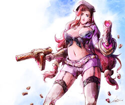  alternate_costume belt blue_eyes breasts casing_ejection chinese_commentary commentary_request dual_wielding female front-tie_top garter_belt gun heart holding large_breasts league_of_legends loiza long_hair looking_at_viewer midriff miss_fortune_(league_of_legends) navel photoshop_(medium) red_hair shell_casing shorts solo submachine_gun thighhighs weapon 