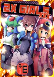  3girls aile_(mega_man_zx) aqua_eyes bad_id bad_pixiv_id blonde_hair blue_jacket blush bodysuit bracelet breasts brown_hair coat comiket_85 commentary_request cover cover_page doujin_cover gloves green_hair hair_between_eyes hand_on_own_chest hand_on_own_hip hat head_tilt helmet jacket jewelry large_breasts layered_sleeves logo long_coat long_sleeves looking_at_viewer looking_to_the_side medium_breasts mega_man_(series) mega_man_zx model_w_(mega_man) multiple_girls pandora_(mega_man) pantyhose_under_shorts photoshop_(medium) pink_coat pocket prairie_(mega_man) puffy_short_sleeves puffy_sleeves red_eyes robot_ears semikichi shako_cap short_over_long_sleeves short_shorts short_sleeves shorts sidelocks skin_tight smile standing star_(symbol) title white_gloves white_shorts 