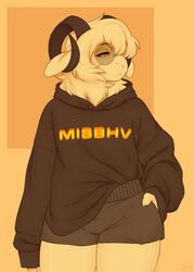  2017 anthro black_clothing black_hoodie black_topwear bottomwear bovid caprine clothing digital_media_(artwork) domestic_sheep eyewear fluffy fluffy_hair glasses hair half-closed_eyes hand_in_pocket hand_on_leg hand_on_thigh hoodie horn looking_away male mammal narrowed_eyes nextel pockets round_glasses sheep shorts shuff simple_background solo text text_on_clothing text_on_hoodie text_on_topwear thick_thighs topwear wide_hips 