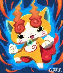  33333_33333 artist_name blue_background clenched_hands commentary_request fiery_tail fire jibakoma no_humans open_mouth solo tail youkai_(youkai_watch) youkai_watch youkai_watch_2 