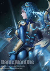  alternate_costume alternate_eye_color alternate_hair_color alternate_hair_length alternate_hairstyle armor artist_name ass banned_artist blue_bodysuit blue_hair blurry bodysuit breastplate closed_mouth contrapposto cowboy_shot depth_of_field faulds flipped_hair floating floating_object from_behind frostblade_irelia glint gloves glowing grey_eyes hairpods half-closed_eyes headgear ice irelia league_of_legends light_smile looking_at_viewer looking_back machinery motion_blur neon_trim pauldrons profile realistic shiny shiny_clothes short_hair skin_tight smile solo sparkle standing transparent turtleneck vambraces watermark web_address yinan_cui 