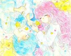  1boy bad_id bad_pixiv_id blue_hair bow closed_eyes female hisakata_(hisa_nn) holding_hands kiki_(little_twin_stars) lala_(little_twin_stars) little_twin_stars long_hair lying nightgown on_side photoshop_(medium) pink_bow pink_hair sanrio sleeping star_(symbol) wand 