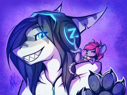  2015 anthro barefoot blue_eyes blue_hair clothed clothing digitigrade duo electronics feet female fish hair headphones hoodie mammal marine mouse murid murine neotheta red_hair rodent shark simple_background skimpy smile teeth theta_(neotheta) topwear 