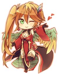  ;) bird_wings black_thighhighs blush chibi china_dress chinese_clothes commentary_request dress feathered_wings female green_eyes heart leg_up leilan_(p&amp;d) long_hair one_eye_closed orange_hair oyu_(frypandepan) puzzle_&amp;_dragons red_dress side_ponytail simple_background smile solo thighhighs very_long_hair white_background wings 