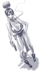  ankle_boots bad_id bad_tumblr_id bangle boots bracelet breasts cigarette cleavage cosplay earrings fatal_fury female gun hair_bun hand_on_own_hip handgun hoop_earrings jewelry large_breasts lips michiko_malandro michiko_to_hacchin monochrome no_panties robaato shiranui_mai shiranui_mai_(cosplay) single_hair_bun smoking solo the_king_of_fighters weapon 