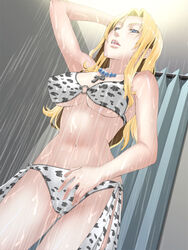  arms_up bare_shoulders bathroom bikini blonde_hair blue_eyes blush breasts cross cross_necklace female highres large_breasts legs long_hair looking_away nightmare_express open_mouth shower solo standing swimsuit thighs water wet 