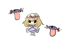  alternate_costume bad_id bad_pixiv_id black_eyes blonde_hair blush chibi cosplay female gap_(touhou) hat long_hair ribbon saku_(osake_love) smile solid_oval_eyes tatara_kogasa tatara_kogasa_(cosplay) tongue touhou yakumo_yukari 