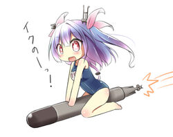  chibi commentary_request female hair_ribbon headgear i-19_(kancolle) kantai_collection machinery miyako_hito one-piece_swimsuit open_mouth photoshop_(medium) pun purple_hair red_eyes ribbon school_swimsuit sitting solo star-shaped_pupils star_(symbol) swimsuit symbol-shaped_pupils torpedo translated twintails 