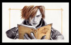  blue_eyes book crisis_core_final_fantasy_vii final_fantasy final_fantasy_vii genesis_rhapsodos gloves jacket male_focus reading realistic red_hair traditional_media 