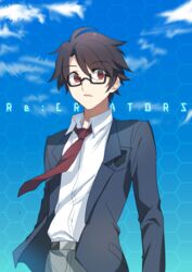  1boy brown_hair cloud commentary_request copyright_name glasses highres jacket male_focus mizushino_souta necktie nikame open_mouth re:creators red_eyes school_uniform short_hair 