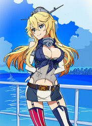  arms_behind_back asymmetrical_legwear blonde_hair blue_eyes blue_sky breasts building city cleavage cloud commentary_request contrapposto day dokozo_no_shirou female garter_straps headgear iowa_(kancolle) kantai_collection large_breasts long_hair miniskirt mismatched_legwear navel ocean profile railing skirt sky skyscraper smile solo standing star-shaped_pupils star_(symbol) striped_clothes striped_thighhighs symbol-shaped_pupils thighhighs vertical-striped_clothes vertical-striped_thighhighs 