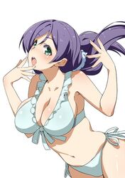  bikini blue_bikini blush breasts cleavage commentary_request female frilled_bikini frills front-tie_top green_eyes hair_ornament hair_scrunchie inue_shinsuke large_breasts long_hair love_live! love_live!_school_idol_project low_twintails navel open_mouth purple_hair scrunchie side-tie_bikini_bottom simple_background solo swimsuit tojo_nozomi twintails white_background 