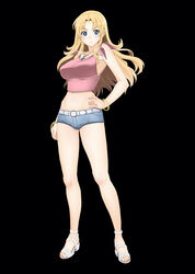  absurdres belt black_background blonde_hair blue_eyes blush bracelet breasts cross cross_necklace earrings feet female hand_on_hip highres jewelry large_breasts legs long_hair looking_at_viewer midriff nightmare_express sandals short_shorts shorts simple_background solo standing thighs toes 