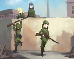  4girls artist_name blonde_hair blue_eyes bolt_action boots brown_eyes brown_hair building dated faux_traditional_media filicia_heideman glasses gun helmet kanokoga kazumiya_rio long_hair mauser_98 military military_uniform multiple_girls photoshop_(medium) rifle short_hair sora_no_woto sorami_kanata suminoya_kureha twintails uniform wall weapon 