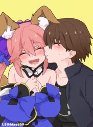  1boy 1girls animal_ear_fluff animal_ears bare_shoulders big_breasts blush brown_hair busty closed_eyes detached_collar fate_(series) female fox_ears fox_tail hair_between_eyes hair_ribbon happy heartwarming japanese_clothes kissing kissing_cheek long_hair male mzoo39 one_eye_closed open_mouth pink_hair ponytail ribbon short_hair simple_background smile tail tamamo_no_mae_(fate) wholesome 