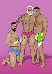  3boys andrea_benedetto bear_(body_type) daddy dilf fluordraw hairy hairy_chest maahan_govanloo male male_only michele_vitacca muscles muscular muscular_male onlyfans_model real_person silver_fox speedo tattoos water_gun 