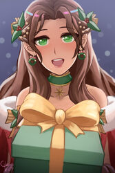  1girls alternate_costume alternate_hairstyle bare_shoulders braid brown_hair choker christmas ciderwrath collarbone dorothea_arnault dorothea_arnault_(winter) dress earrings female female_only fire_emblem fire_emblem:_three_houses fire_emblem_heroes fire_emblem_warriors:_three_hopes gift green_eyes long_hair looking_at_viewer night nintendo official_alternate_costume official_alternate_hairstyle open_mouth outdoors shoulders smile snow snowing solo 