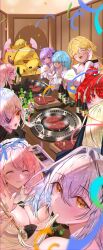  6+girls absurdres azur_lane beer_bottle black_gloves black_horns blonde_hair blue_hair blush breasts chromatic_aberration cleavage closed_mouth dress eating food frilled_dress frilled_hairband frills fritz_rumey_(azur_lane) gloves grill hair_intakes hairband hand_fan heavy_chromatic_aberration highres holding holding_stuffed_toy horns janus_(azur_lane) kursk_(azur_lane) large_breasts looking_at_viewer manjuu_(azur_lane) meat multiple_girls north_carolina_(azur_lane) orange_eyes pink_hair purple_hair red_hair smu_(xhsg8274) stuffed_animal stuffed_toy stuffed_winged_unicorn theseus_(azur_lane) u-1206_(azur_lane) u-31_(azur_lane) unicorn_(azur_lane) waving white_dress white_hair yakiniku 
