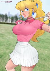  1girls blonde_hair blue_eyes choker dick_sucking_lips earrings female female_only flytrapxx gloves golf golf_club golf_glove golf_outfit large_breasts mario_(series) mario_golf outdoors pink_choker pink_gloves pink_lips pink_lipstick pink_shirt ponytail princess_peach skirt solo standing 