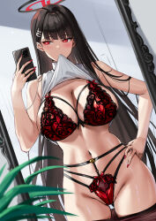  black_hair black_halo blue_archive blunt_bangs blush bow bow_bra bow_panties bra breasts bright_pupils cellphone cleavage clothes_in_mouth clothes_lift clothes_pull commentary female hair_ornament hairclip halo hand_on_own_hip hand_up holding holding_phone jewelry large_breasts long_hair looking_at_phone mirror mouth_hold nail_polish navel okitakung panties pantyhose pantyhose_pull phone red_bra red_eyes red_nails red_panties reflection ring rio_(blue_archive) selfie shirt_lift sleeveless sleeveless_turtleneck smartphone solo symbol-only_commentary thighs turtleneck underwear very_long_hair white_pupils 