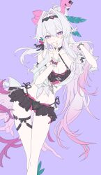  absurdres awe_(adorableduckyy) bare_shoulders bikini bikini_skirt black_bikini black_hairband black_skirt bright_pupils closed_mouth feet_out_of_frame female fingernails gradient_hair groin hair_between_eyes hair_intakes hair_ornament hairband hands_up highres honkai_(series) honkai_impact_3rd long_hair looking_at_viewer miniskirt multicolored_hair navel official_alternate_costume pink_hair purple_background purple_eyes simple_background skirt smile solo stomach swimsuit thelema_nutriscu thelema_nutriscu_(roseate_summer) thigh_gap thighs very_long_hair white_hair white_pupils 