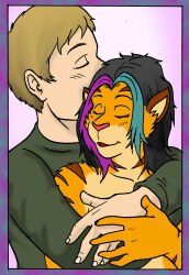  2021 anthro biped black_hair blonde_hair blue_hair border brown_body brown_fur closed_eyes clothed clothed_human clothed_male clothing colored duo felid female fingers fur green_clothing green_sweater green_topwear hair happy hi_res highlights_(coloring) hug hugging_another hugging_from_behind human human_on_anthro humanoid_hands interspecies male male/female mammal markings orange_body orange_fur pantherine pink_hair romantic romantic_couple roxanne_(theviktor) short_hair simple_background smile striped_markings stripes sweater tan_body tan_fur theviktor tiger topwear 