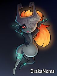  arms_behind_back artist_name belly big_belly breasts colored_sclera colored_skin commentary drakanoms english_commentary female full_body helmet_over_one_eye highres imp looking_at_viewer medium_breasts midna multicolored_skin navel oerba_yun_fang outie_navel pointy_ears pregnant red_eyes smile solo the_legend_of_zelda the_legend_of_zelda:_twilight_princess tongue tongue_out yellow_sclera 