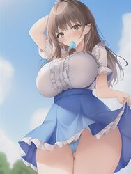  1girls ai_generated big_breasts blue_background blue_clothing blue_panties blue_skirt blush blushing_at_viewer breasts brown_eyes brown_eyes_female brown_hair cameltoe clothed daytime elf_ears exposed_panties female female_only frilled_skirt fully_clothed highleg highleg_skirt lifted_by_self lifting_dress lifting_skirt long_brown_hair long_hair long_skirt looking_at_viewer matching_hair/eyes mouth_hold object_in_hold original outside panties pantyshot pointy_ears popsicle pussy_peek relaxed_expression sfw short_ears short_sleeves sky_background solo stable_diffusion subtle_pussy thigh_gap thighs upskirt white_shirt white_topwear 