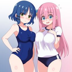  2025 2girls asymmetrical_docking blue_eyes blue_hair blush bocchi_the_rock! breast_press breasts bulma_briefs buruma closed_mouth commentary cube_hair_ornament gotoh_hitori green_eyes gym_uniform hair_between_eyes hair_ornament highres large_breasts long_hair looking_at_viewer multiple_girls open_mouth pink_hair sakuzo school_swimsuit shirt short_hair simple_background swimsuit white_shirt yamada_ryo 