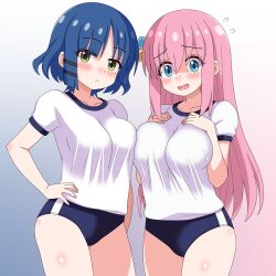  2025 2girls blue_eyes blue_hair blush bocchi_the_rock! breast_press breasts bulma_briefs buruma closed_mouth commentary cube_hair_ornament gotoh_hitori green_eyes gym_uniform hair_between_eyes hair_ornament highres large_breasts long_hair looking_at_viewer multiple_girls open_mouth pink_hair sakuzo shirt short_hair simple_background symmetrical_docking white_shirt yamada_ryo 