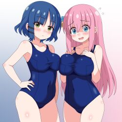  2025 2girls blue_eyes blue_hair blush bocchi_the_rock! breast_press breasts bulma_briefs buruma closed_mouth commentary cube_hair_ornament gotoh_hitori green_eyes gym_uniform hair_between_eyes hair_ornament highres large_breasts long_hair looking_at_viewer multiple_girls open_mouth pink_hair sakuzo school_swimsuit short_hair simple_background swimsuit symmetrical_docking yamada_ryo 