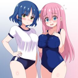  2025 2girls asymmetrical_docking blue_eyes blue_hair blush bocchi_the_rock! breast_press breasts bulma_briefs buruma closed_mouth commentary cube_hair_ornament gotoh_hitori green_eyes gym_uniform hair_between_eyes hair_ornament highres large_breasts long_hair looking_at_viewer multiple_girls open_mouth pink_hair sakuzo school_swimsuit shirt short_hair simple_background swimsuit white_shirt yamada_ryo 