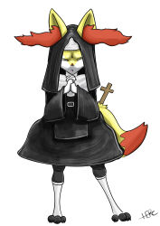  absurd_res anthro braixen closed_eyes clothing costume cross female generation_6_pokemon herculesart hi_res legwear nintendo nun nun_habit nun_outfit pokemon pokemon_(species) praying religion religious_clothing solo stockings 