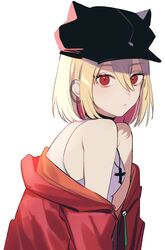  ashizawa_saki bad_id bad_twitter_id bare_shoulders blonde_hair choker clothes_pull commentary_request cross cross_necklace female from_side hair_between_eyes hat hat_with_ears jacket jacket_pull jewelry looking_at_viewer medium_hair necklace red_eyes red_jacket riot_music shirt simple_background solo tank_top upper_body virtual_youtuber white_background white_shirt white_tank_top yamada_chickenko 