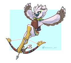  2023 ambris anthro arrow_(weapon) avian beak blue_eyes border bow_(weapon) clothed clothing feathers flying hi_res holding_bow_(weapon) holding_object holding_ranged_weapon holding_weapon holding_with_foot male multicolored_body multicolored_feathers nintendo ranged_weapon rito simple_background smile solo swallow_bow tears_of_the_kingdom the_legend_of_zelda topwear tulin_(tloz) weapon white_body white_border white_feathers young young_anthro 