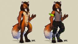  16:9 2021 4_toes 4k 5_fingers abs absurd_res anthro canid canine clothed clothing digital_media_(artwork) feet fingers green_eyes hi_res looking_at_viewer male mammal maned_wolf nude solo toes vateo widescreen 