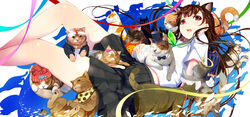  angel_wings animal_ears bag bag_charm bandana beanie black_skirt bow bowtie brown_eyes brown_hair cat_ears charm_(object) chinese_clothes commentary_request dudou feathered_wings feline female gakuran hachimaki halo hat hat_bow headband highres mikazuki_akira! mouse_(animal) open_mouth original ouendan pink_bow pleated_skirt polka_dot polka_dot_bandana school_bag school_uniform serafuku shirt short_sleeves skirt too_many too_many_cats top_hat white_shirt wings 